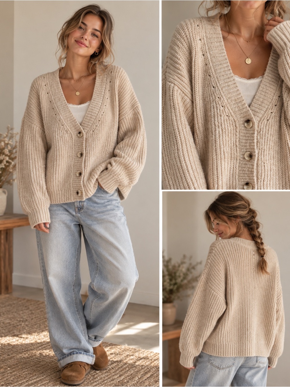 Cozy Grandpa Cardigan Chunky Knit Oversized Oatmeal Beige Boho Neutral L
